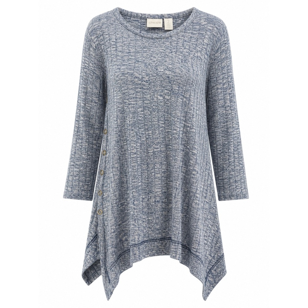 Chicos Top Womens 2 Blue‎ Marled Knit Tunic Asymmetrical Hem Button Side
